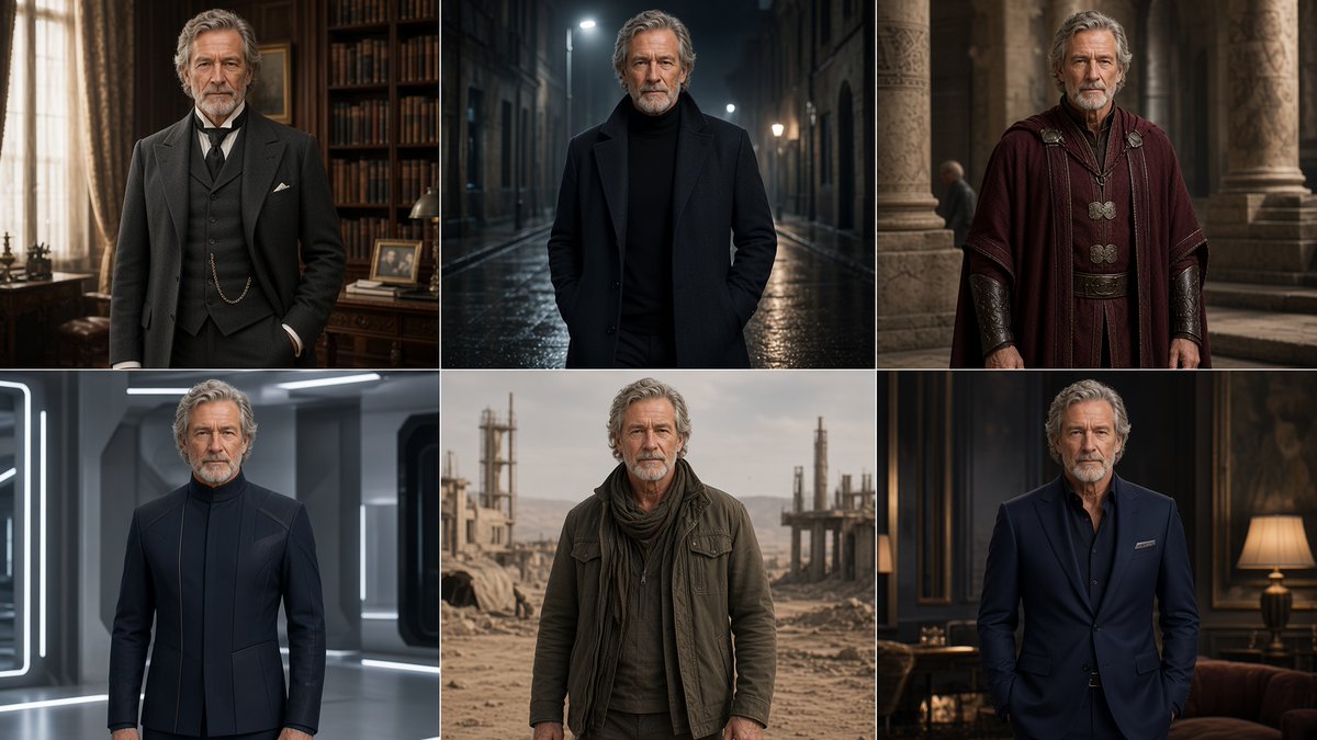 Six-Panel Cinematic Character Variations