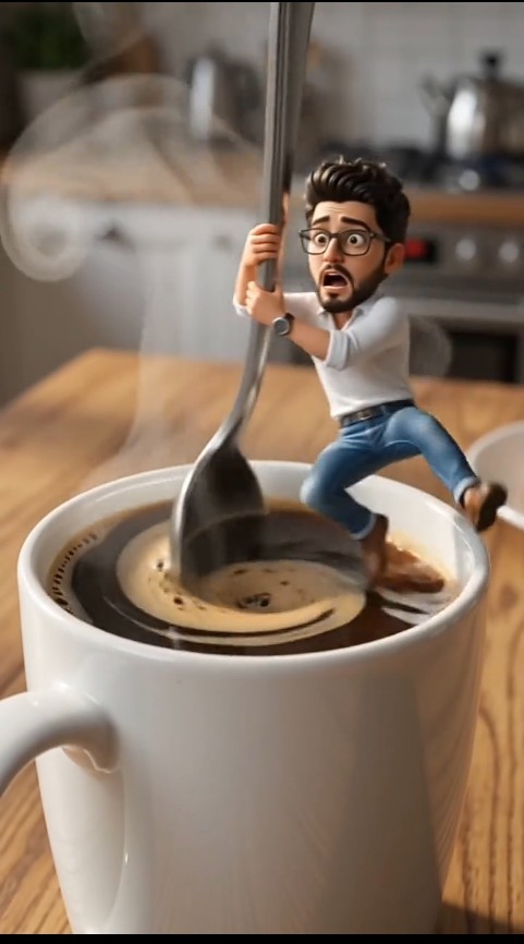 Tiny Chibi Man Stirring Giant Coffee