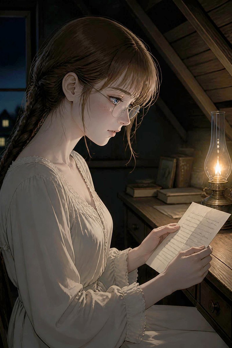Girl Reading Letter by Oil Lamp