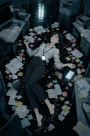 Flooded Office Burnout Anime Scene — Create a dark, cinematic anime illustration of {argument name="character name" default="an exhausted young office worker"} 