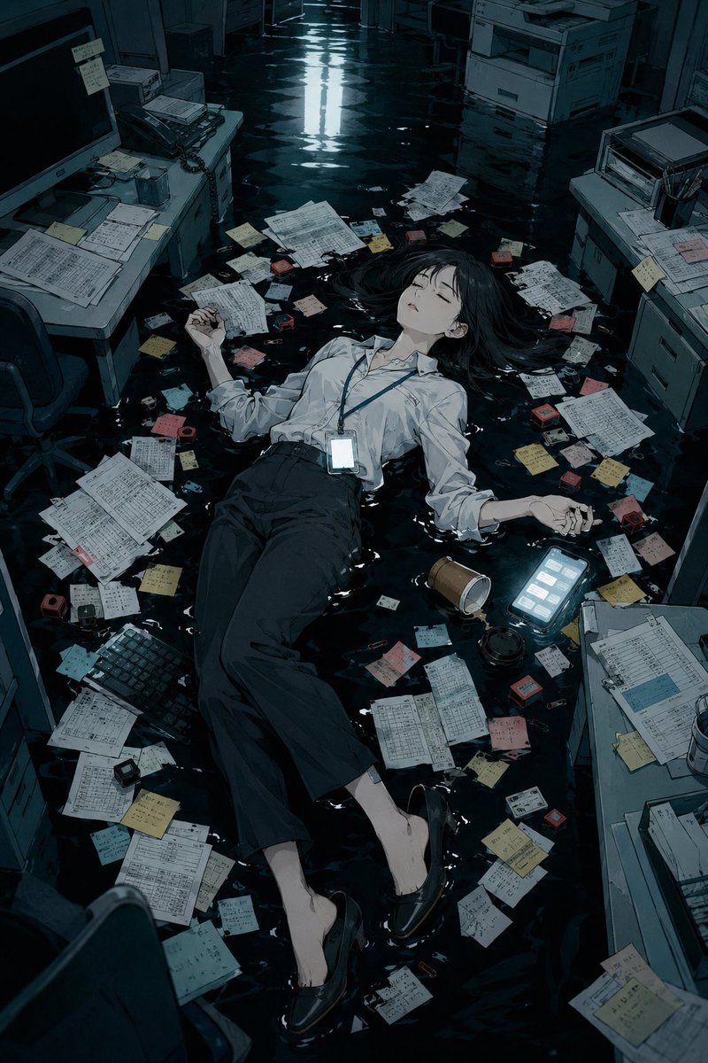 Flooded Office Burnout Anime Scene