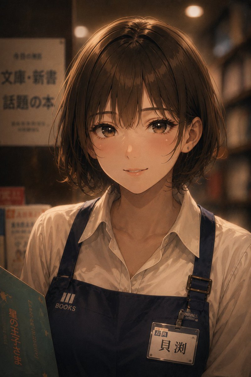 Warm Anime Bookstore Clerk Portrait