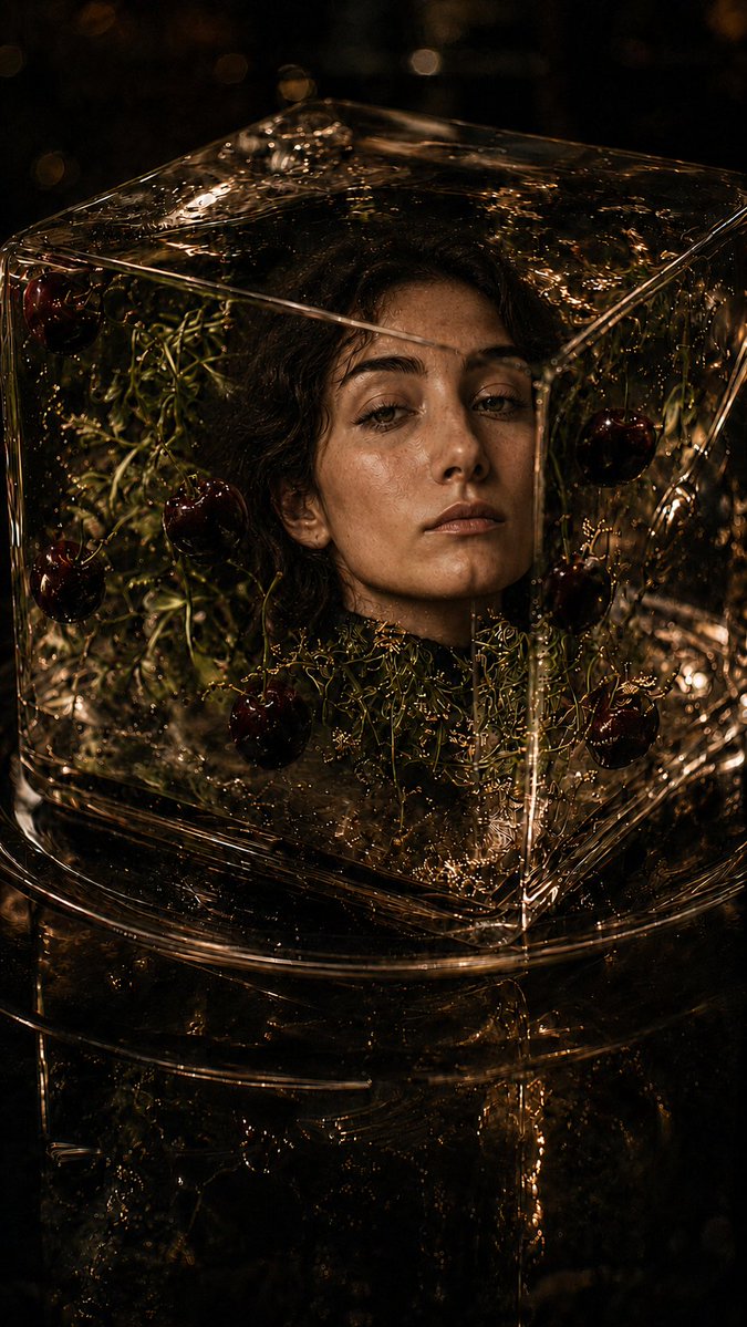 Woman Encased in Amber Glass Cube