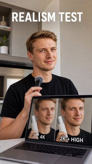 Realism Test UGC Ad — Create a vertical realistic social media ad photo about AI image realism testing. Show a young adult white man with short blond hair, blue