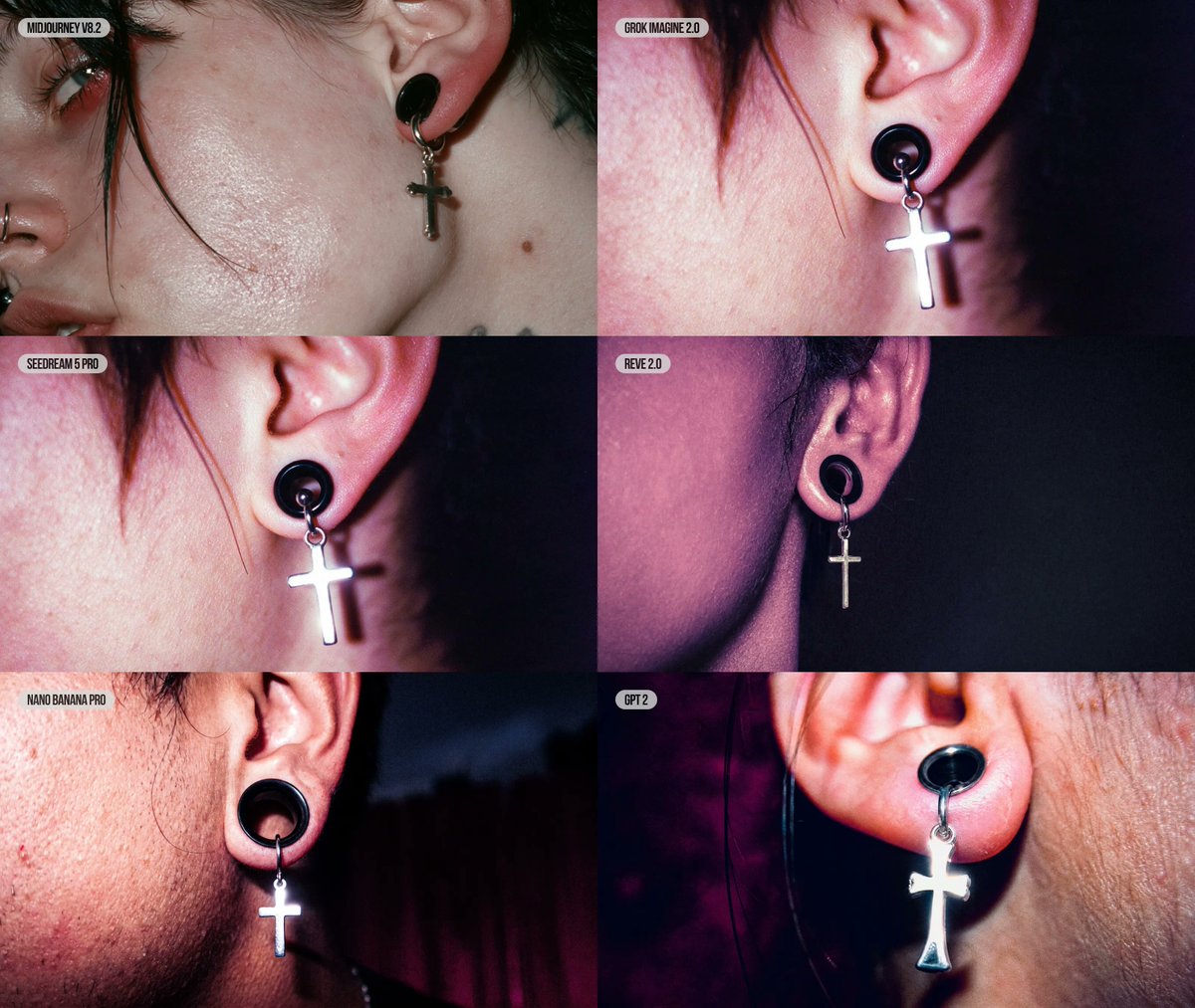 Six-Panel AI Jewelry Portrait Comparison