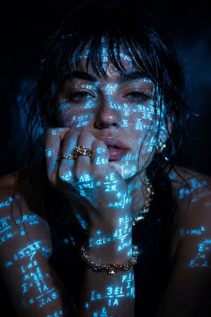 Cyberpunk Glow Mathematical Portrait — Using the uploaded image and without changing face, create an ultra-realistic cinematic close-up portrait of the {argumen