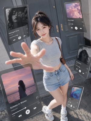 Floating Music UI Street Portrait — Create a 3:4 vertical ultra-realistic street fashion photograph blended with floating augmented-reality music player UI pane