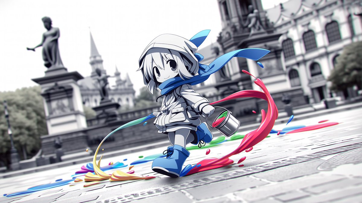 Chibi Painter in Monochrome Plaza