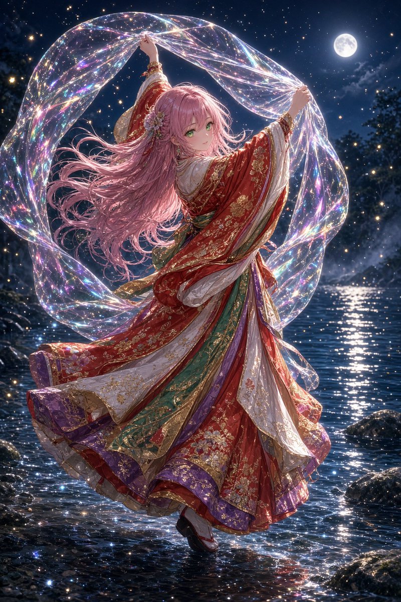 Moonlit Prism Veil Kimono Dancer
