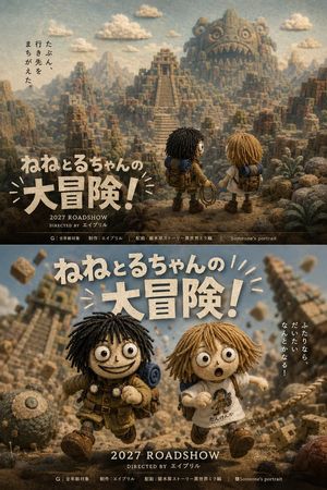 Two Japanese Claymation Adventure Posters — Goal: Create a vertical composite showing two distinct Japanese fantasy adventure movie poster designs for the same 