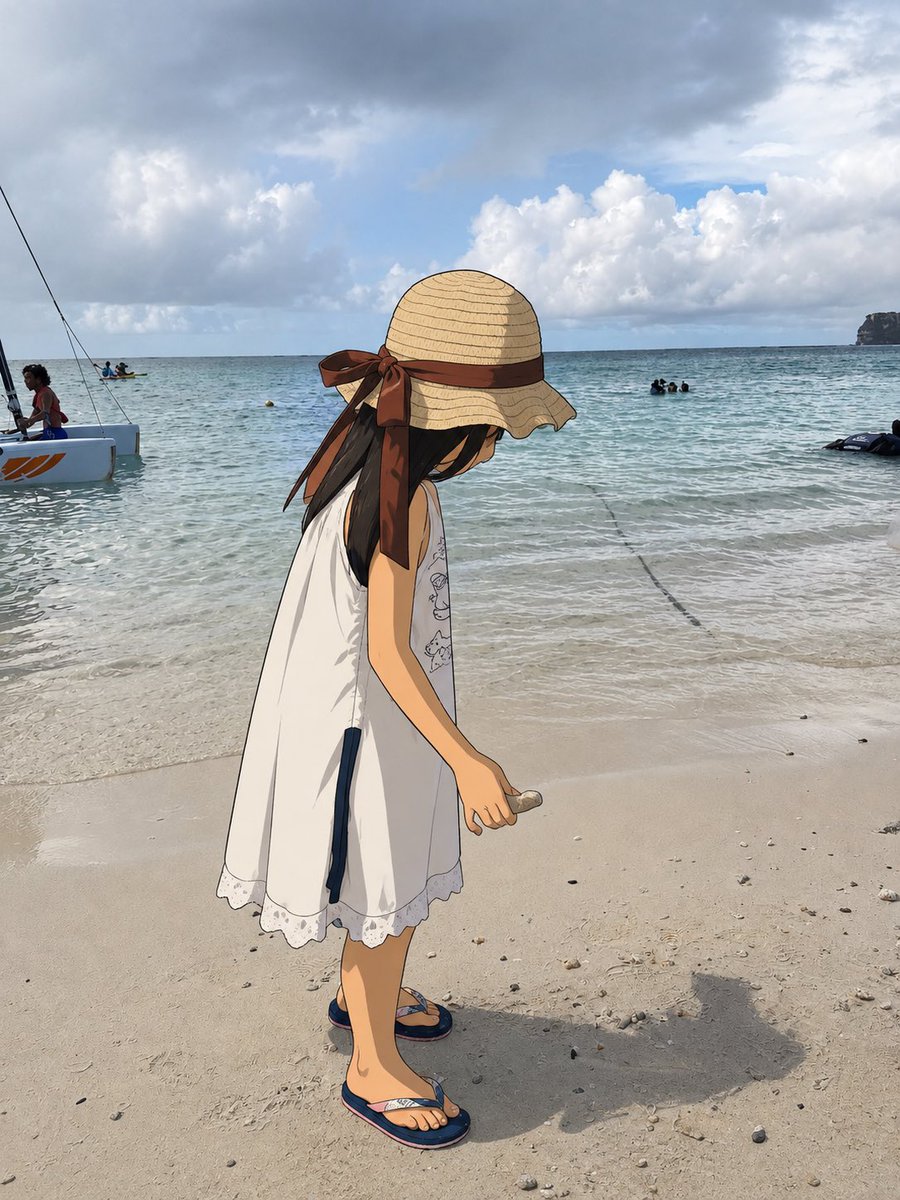 One Anime Girl in Real Beach Photo