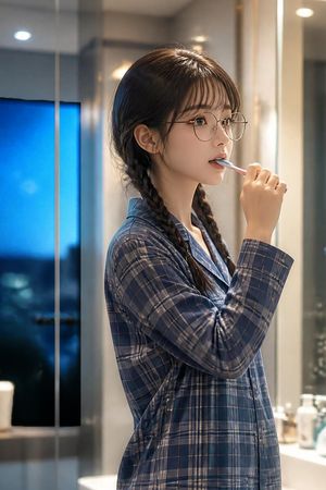 Photorealistic Bathroom Toothbrushing Portrait — Create a vertical photorealistic portrait of a young East Asian woman in a modern bathroom at night, shown from