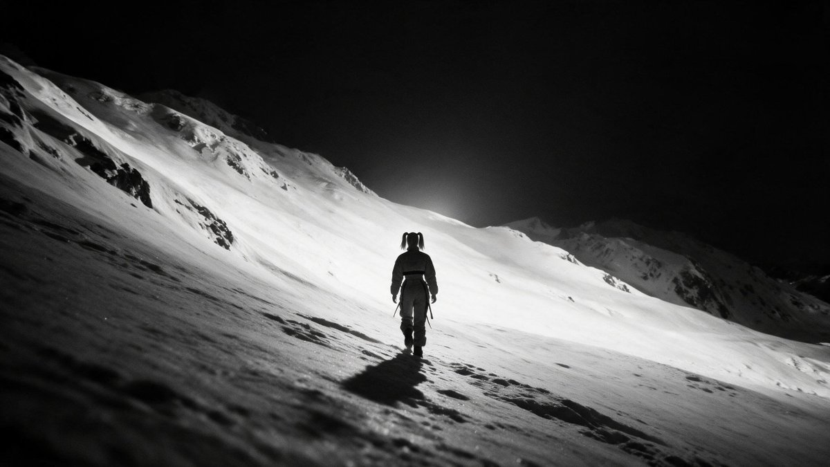 Lone Mountaineer in Moonlit Snow