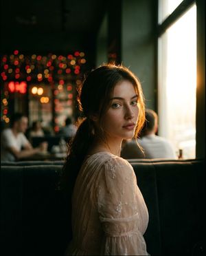 Nostalgic Cafe Film Portrait — Create {argument name="mood" default="moody golden hour"} cafe portrait of a young woman sitting inside a {argument name="locatio