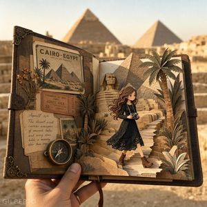 3D Paper Craft Travel Journal — A high-detail photo of a real hand holding an open vintage leather-bound scrapbook outdoors in front of the blurry {argument nam
