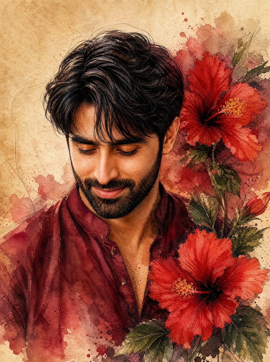 Watercolor Indian Man with Hibiscus