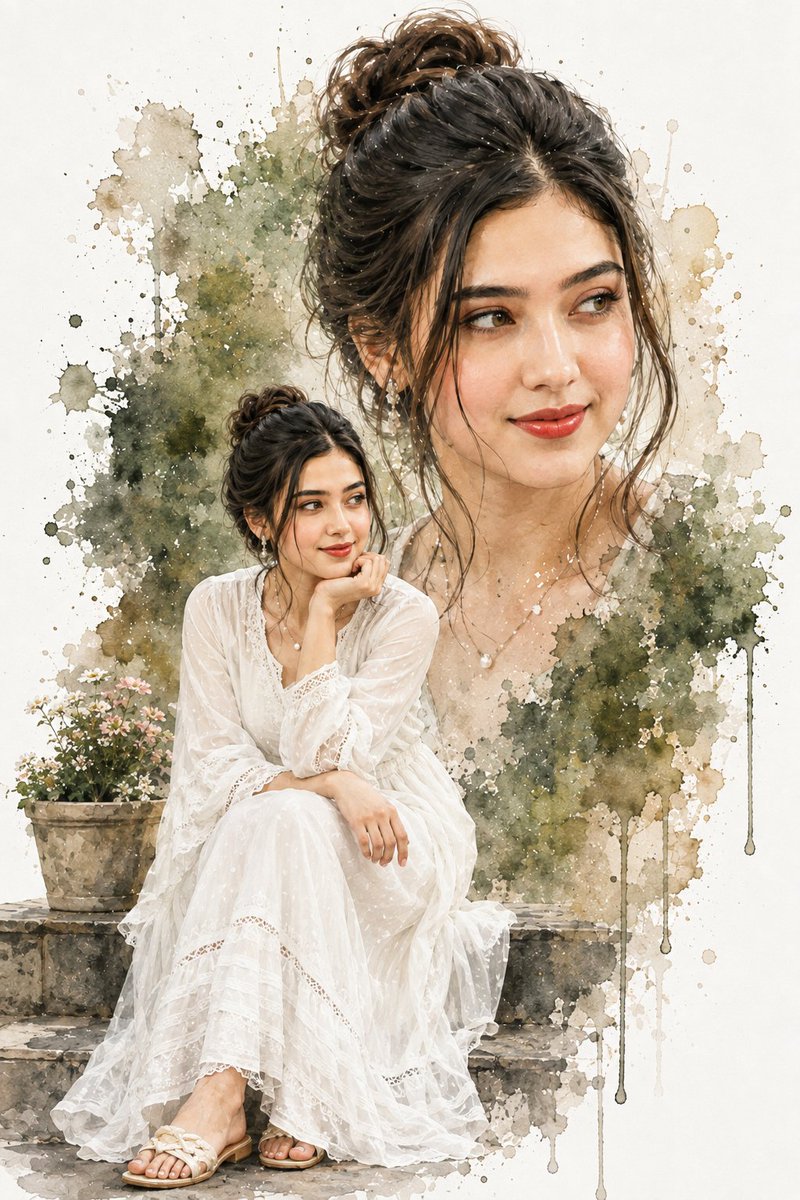 Double Exposure Watercolor Woman Portrait