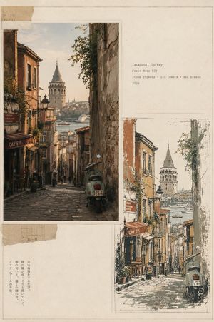 Vintage Travel Journal Editorial Collage — Create a premium vintage Japanese travel-journal editorial collage in vertical 4:5 format, featuring four distinct ci