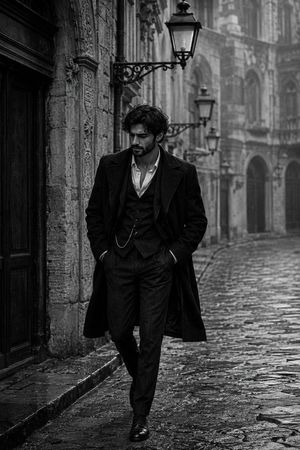 Vintage European Cobblestone Photography — Ultra-realistic cinematic black-and-white photograph of a {argument name="subject" default="strikingly handsome young