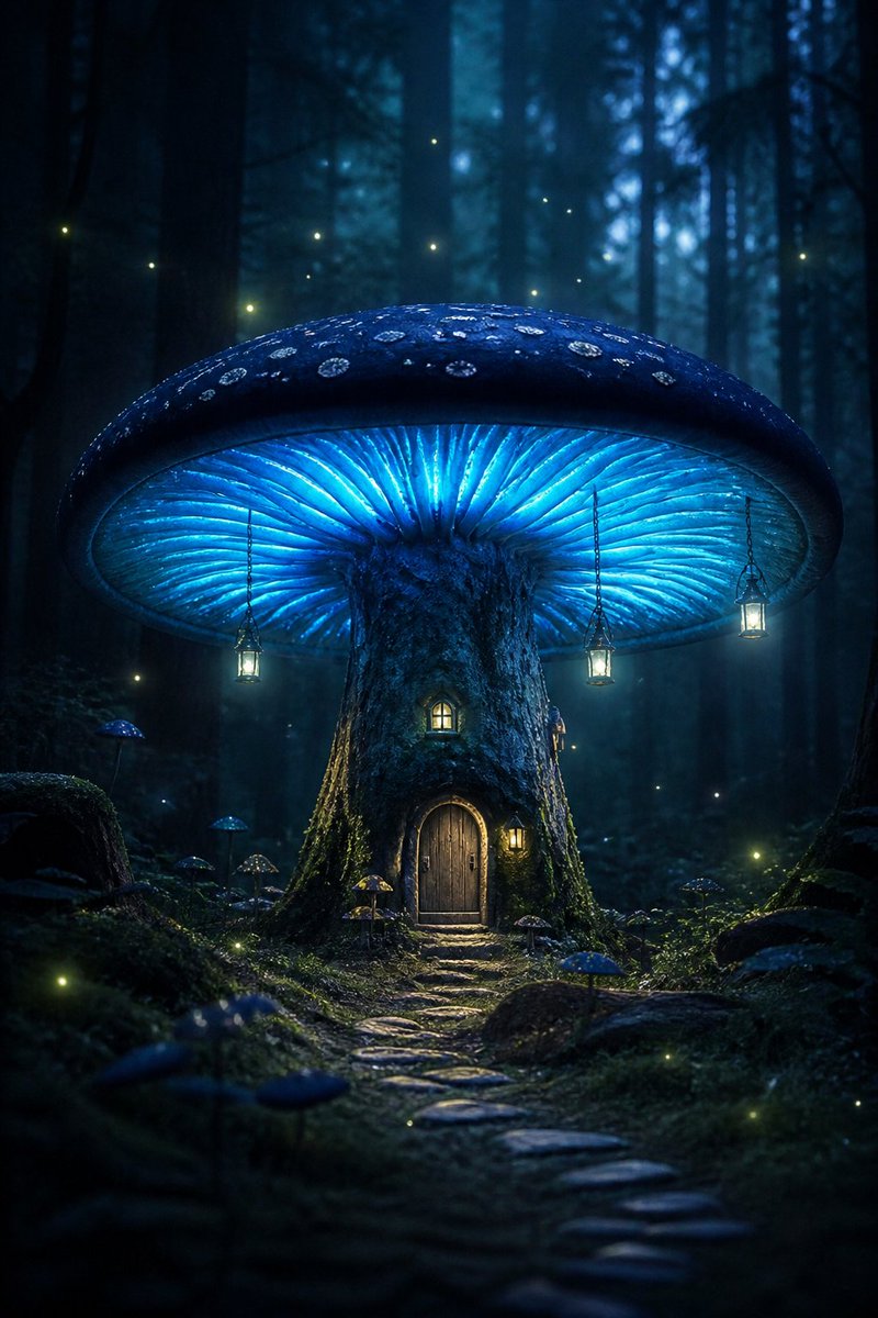 Bioluminescent Giant Mushroom in Dark Forest