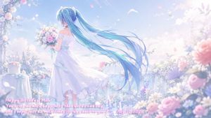 Pastel Miku Birthday Garden — Create a dreamy pastel anime birthday illustration of {argument name="character name" default="Hatsune Miku"} seen from behind on 
