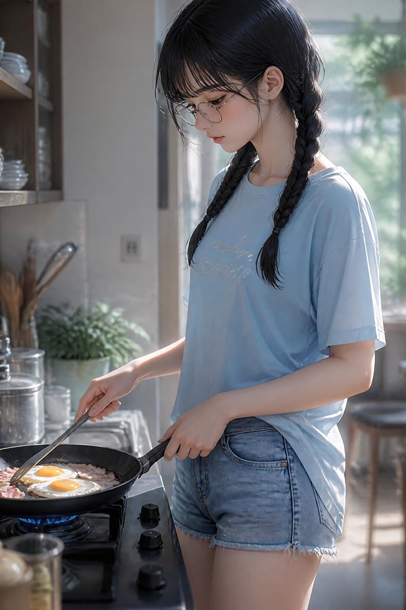 Anime Girl Cooking Bacon and Eggs