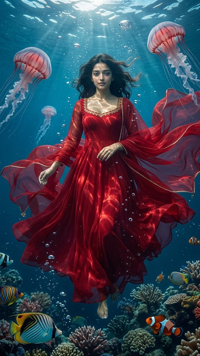 Underwater Red Dress Fantasy Portrait