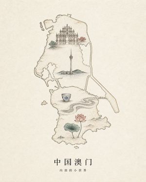 Vintage Macau Map Poster — Create a refined vintage line-art travel poster on warm aged parchment paper, centered on a delicate hand-drawn outline map of {argum