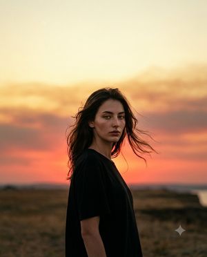Cinematic Sunset Fashion Portrait — Cinematic fashion portrait of a young woman standing beneath an intensely dramatic {argument name="sky color" default="sunse