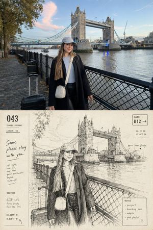 Departure Diary Journal Page — a nostalgic contemporary travel-journal artbook page based on the reference image. Preserve the exact same person, facial identit