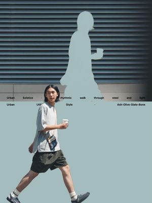 Japanese Minimalist Urban Fashion Campaign — Create a high-end editorial fashion campaign image inspired by the two reference images, featuring a {argument name