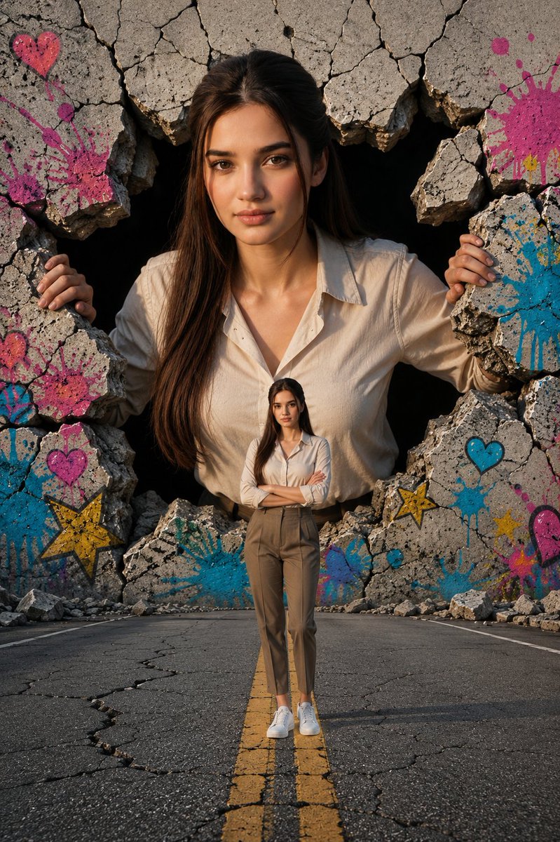 Giant Woman Breaking Through Wall