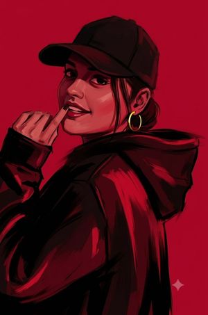 Ruby Red Hip-Hop Illustration — Beautiful {argument name="subject" default="hip-hop woman"} wearing a baseball cap, blurred effect, painterly brush strokes, min