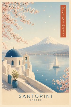Vintage Santorini Travel Poster Illustration — Create a bright, elegant vintage travel poster of {argument name="location" default="Santorini, Greece"} in verti