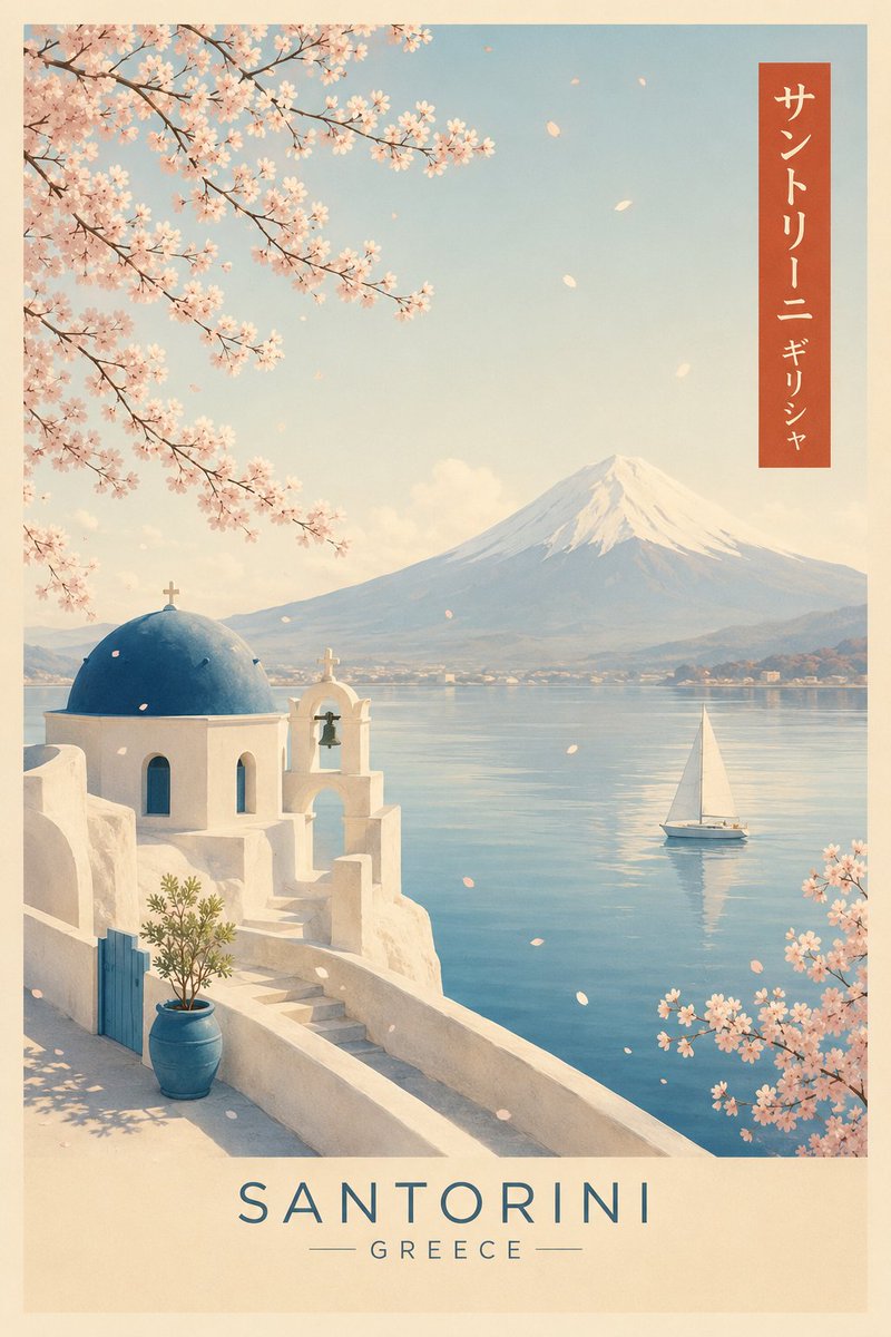 Vintage Santorini Travel Poster Illustration