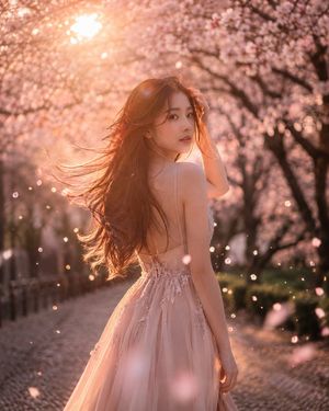 Cinematic Spring Portrait in Cherry Blossoms — Back facing the camera beneath endless blooming {argument name="environment" default="cherry blossom trees"}. A y