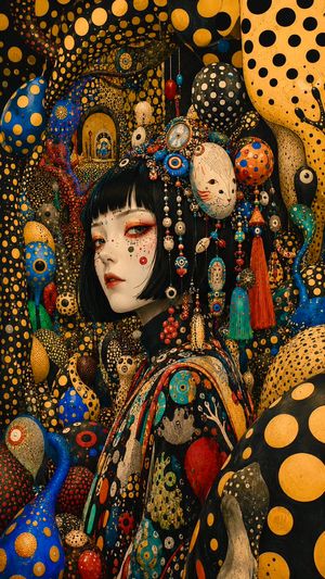 Surreal Polka Dot Portrait — Close-up portrait of a mysterious young woman with porcelain-pale skin, a blunt {argument name="hair style" default="jet-black bob"
