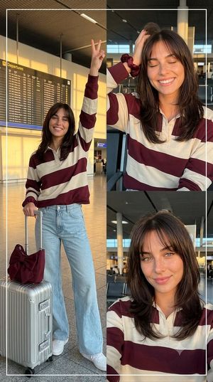 Airport Golden Hour Triptych — Triptych 9:16, left large panel + 2 stacked right, thin white borders. Use exact face identity 100% like ref, FACE LOCKED; young 