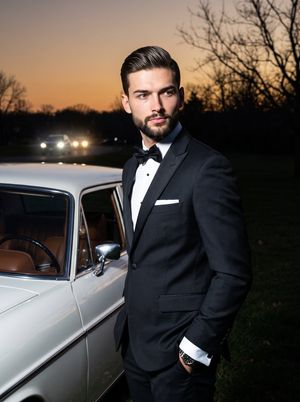 Old-Money Tuxedo Night Portrait — A young adult male stands in a deliberately posed 45-degree turn with relaxed shoulders, wearing a {argument name="outfit" def