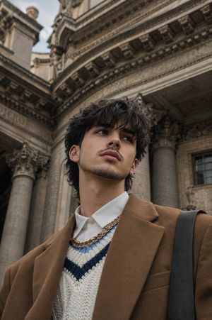 Classical European Architectural Portrait — Use the uploaded reference image as the exact identity reference for the person. Preserve the same facial identity, 
