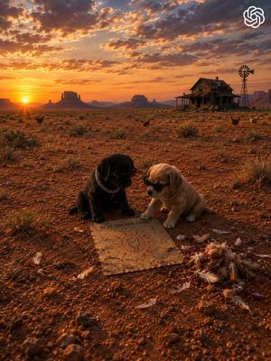 Gangster Puppies Desert Heist — A cinematic, photorealistic wide-angle scene in a vast remote American desert at golden-hour sunset. The camera is positioned lo