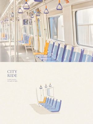 Dual-Style Travel Magazine Page — {argument name="シーン" default="昼の都市電車の車内"}を、上品な旅行写真として。明るい白い車両、大きな窓からやわらかい自然光、窓際に並ぶ青×白の空席、{argument name="アクセント" default="1脚だけオ