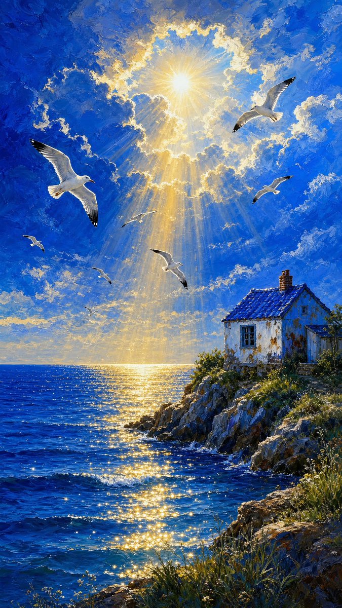 Painterly Coastal God Rays Illustration