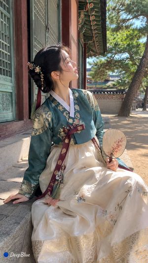 Traditional Korean Hanbok Portrait — 9:16竖幅，iPhone 17 Pro真实旅行随手抓拍，写实人像摄影；成年东亚女性，自然五官，真实皮肤与身材，黑色长发低发髻，传统韩式花饰发簪；传统朝鲜王朝韩服，{argument name="上装款式" default="青绿色金纹锦缎短褙子