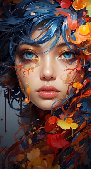 Cinematic Macro Fluid Art Portrait — A cinematic macro fashion portrait of a woman integrated with dynamic fluid art. She has flawless skin, subtle gold shimmer