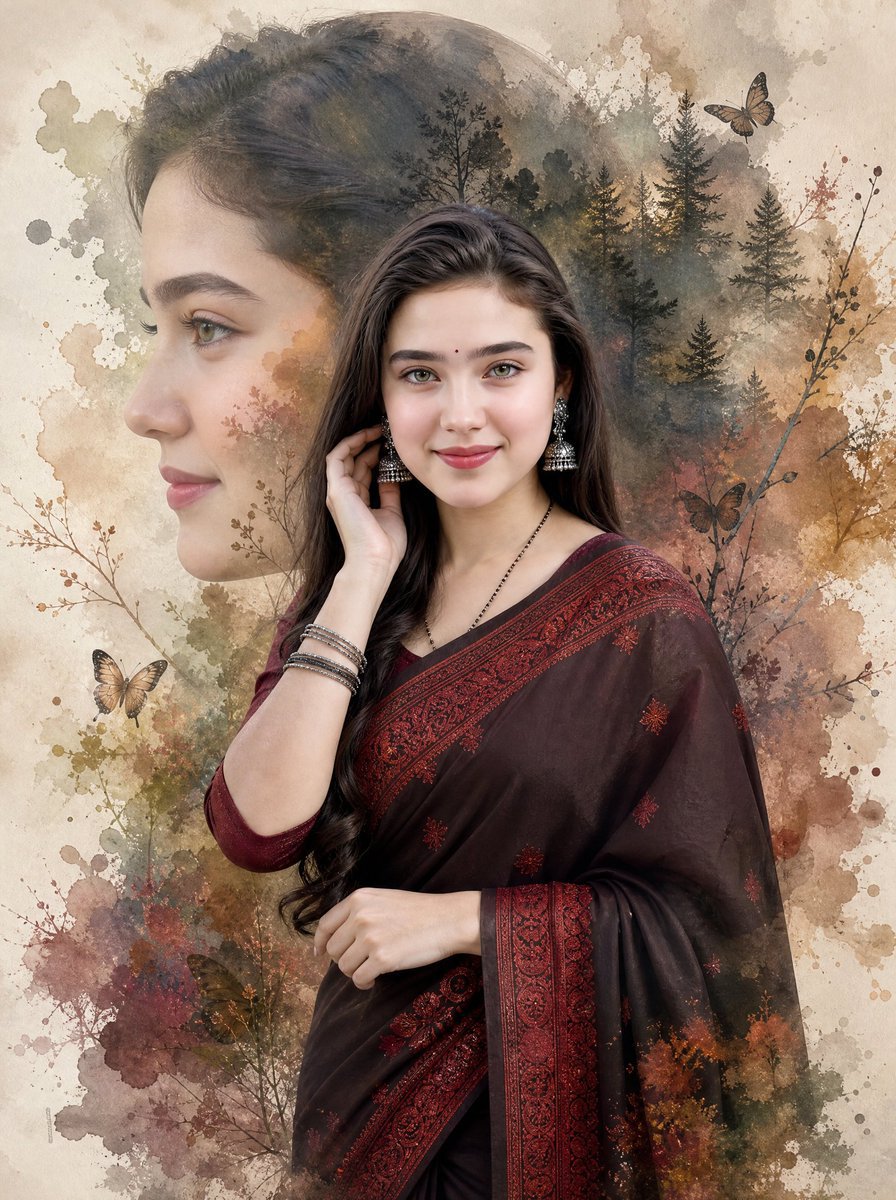 Watercolor Double Exposure Saree Portrait