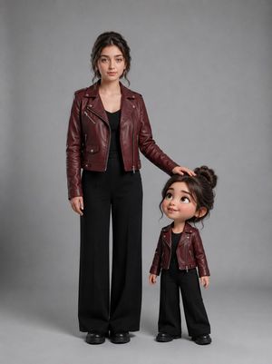 Woman With Matching Chibi Portrait — Create a photorealistic full-body studio portrait featuring exactly two subjects: one real young woman and one cute miniatu