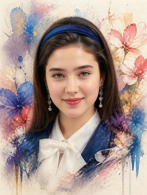 Mixed-Media Floral Fashion Portrait — Create a stunning high-end artistic portrait of {argument name="character description" default="a young woman"}, preservin
