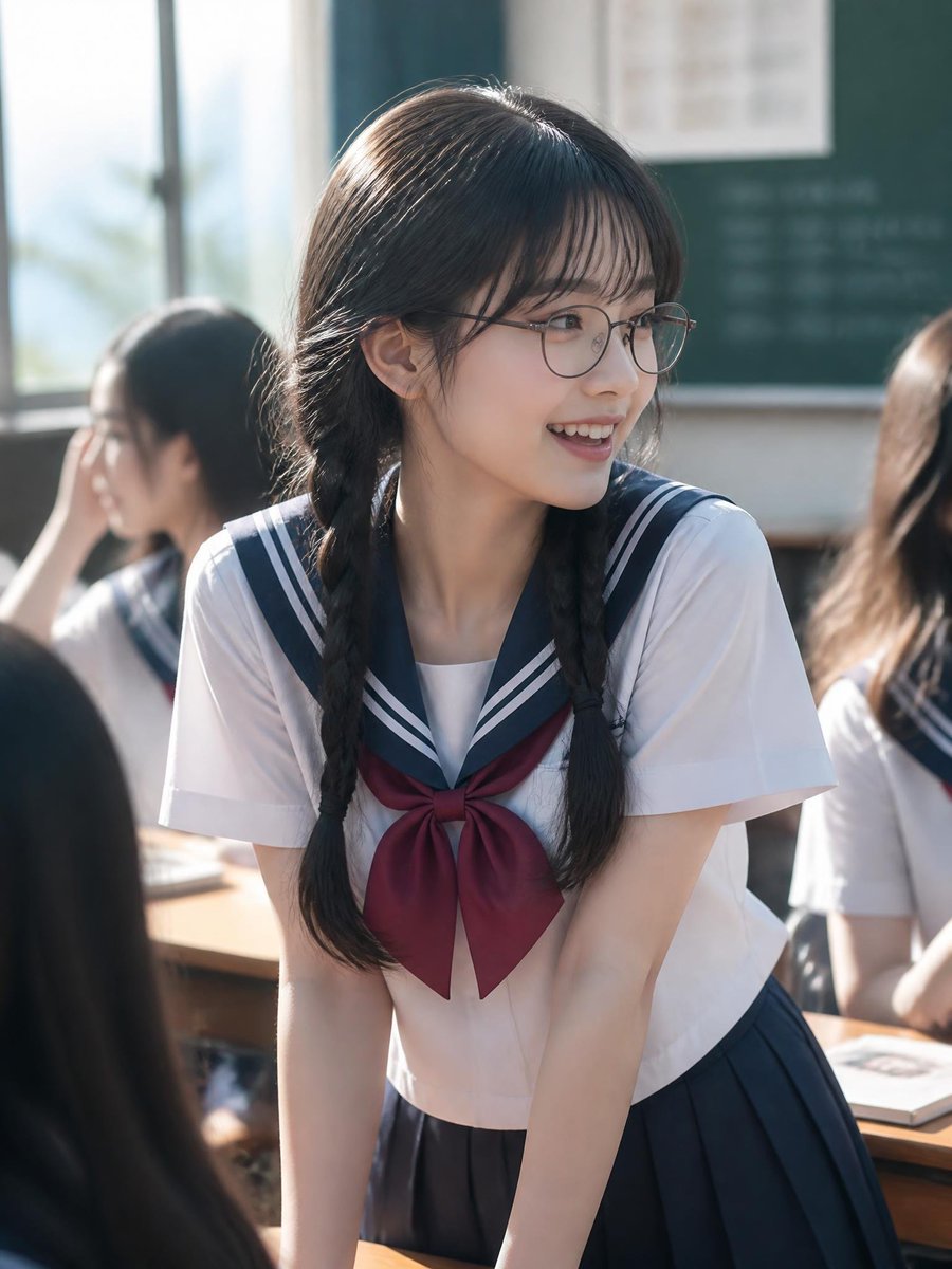 Realistic Japanese Schoolgirl Classroom Portrait