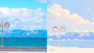 Coastal Photo to Pastel Pixel Art — Using the provided reference image as a layout and style guide, create a clean before/after comparison showing a real coasta